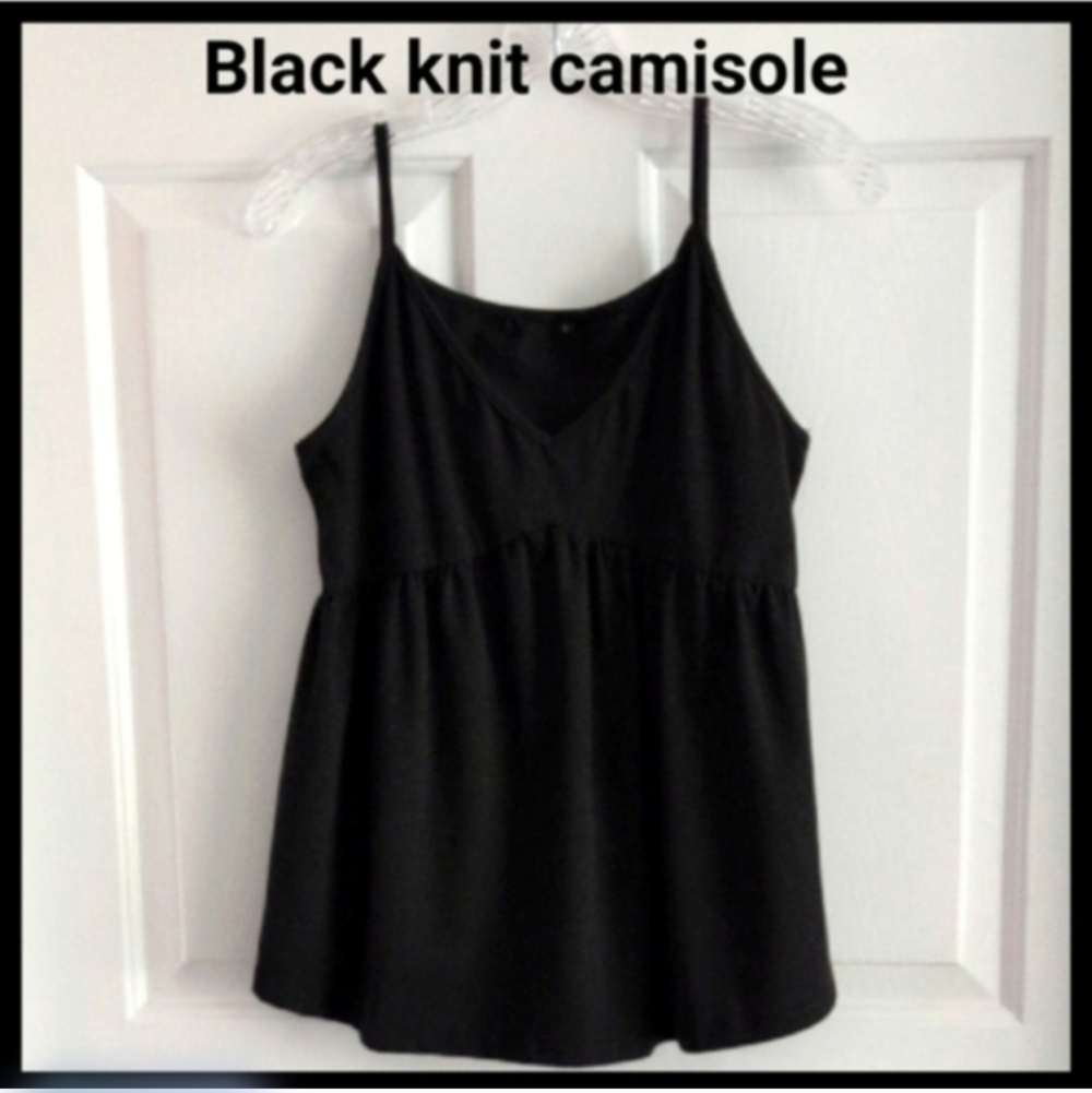 Spring Top Black Knit Camisole Spaghetti Strap Tank Top Large Cami